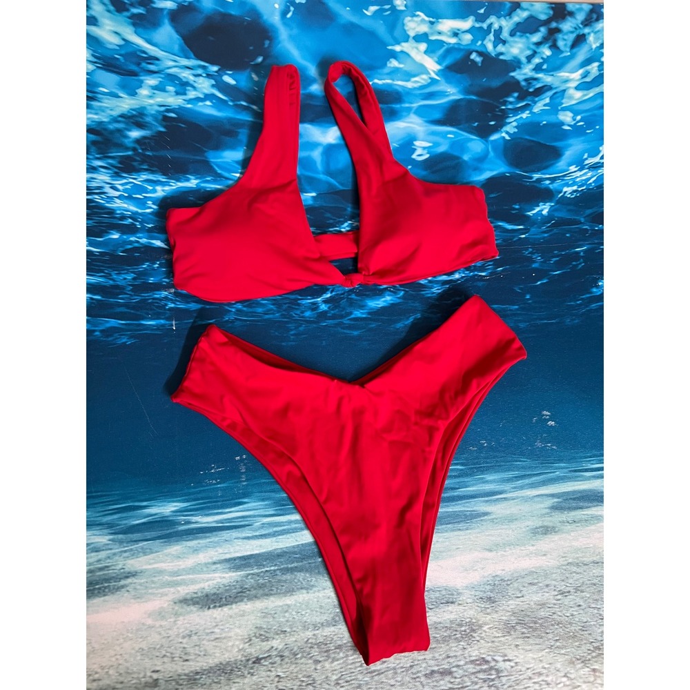 Red Knot Front Scoop Neck Bikini Set High Cut V Waist Swimsuit Small